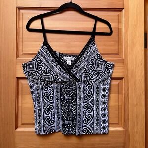VTG Y2K Boho Indie Witchy Black/White Rhinestone Cami Crop Top Women's Size XL